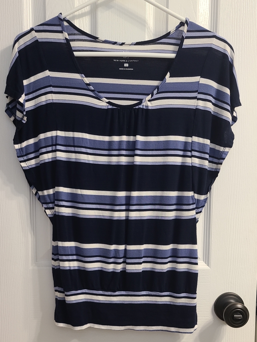 New York & Company Navy, Light Blue and White Striped Short-Sleeve Top